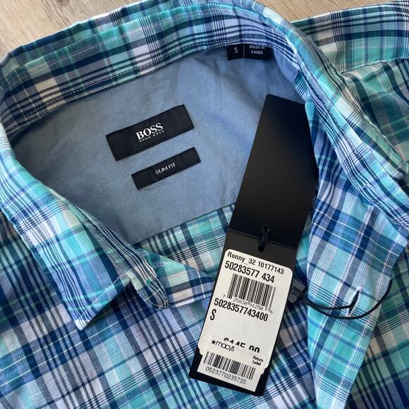 NWT Hugo Boss Men Turquoise Blue & White Plaid Thin Cotton Casual Shirt Sz Small - Picture 4 of 10